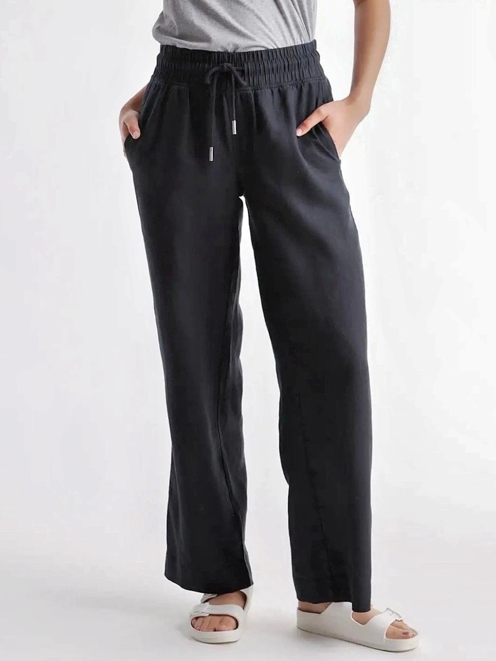 Quince European Linen Wide Leg Pants Wide Leg Linen Pants, Black, Size M, Long